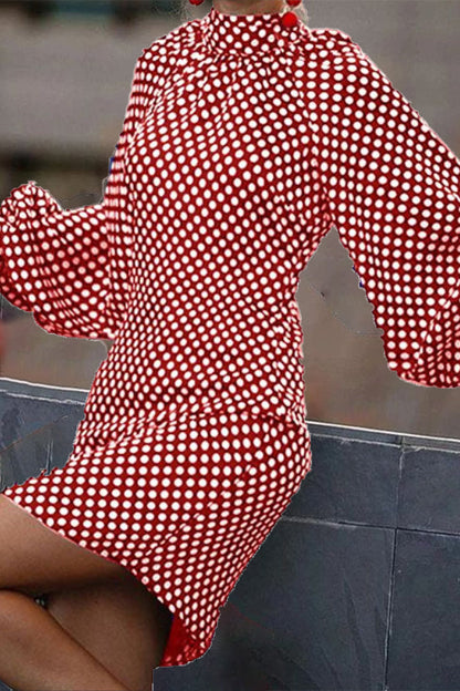 Sweet Elegant Polka Dot Printing Mandarin Collar Printed Dress Dresses Red