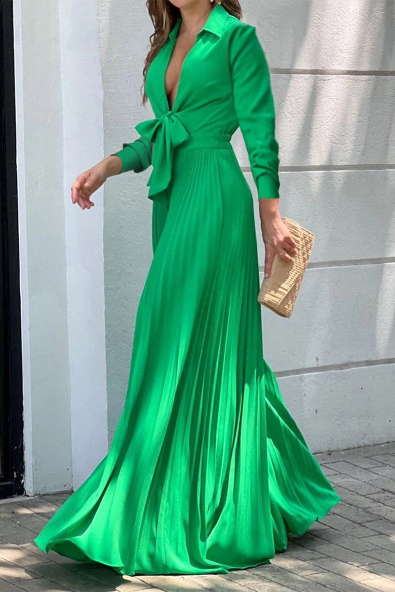 Street Elegant Solid Frenulum Fold V Neck Regular Jumpsuits Green