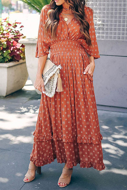 Elegant College Print Pocket V Neck A Line Dresses Tangerine Red