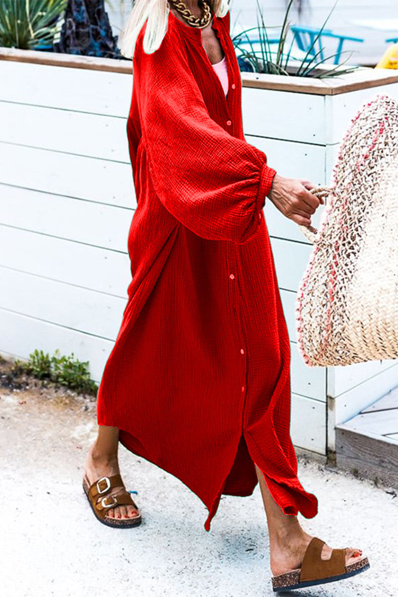 Casual Solid Buckle O Neck Long Sleeve Dresses Red