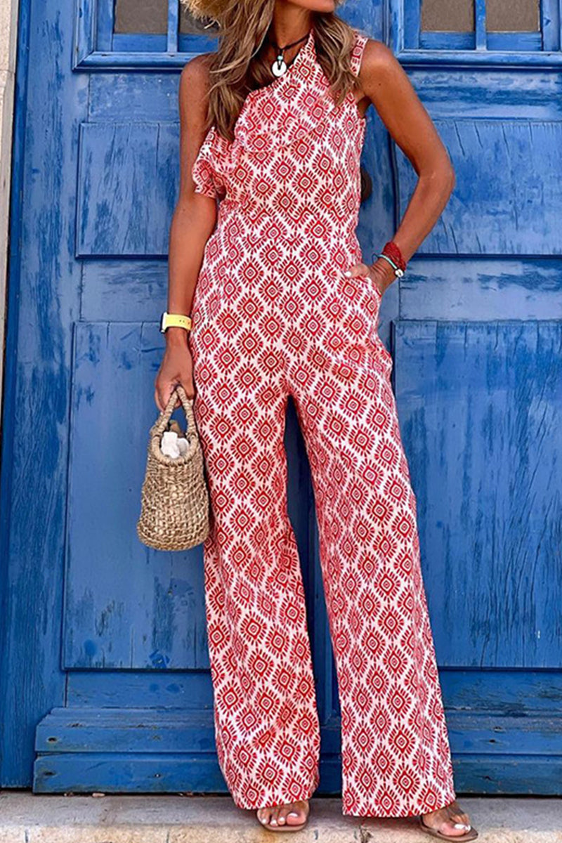 Elegant Print Pocket Oblique Collar Straight Jumpsuits Rose Red