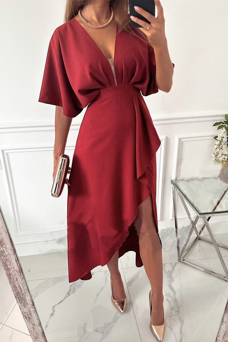 Elegant Solid Asymmetrical V Neck Irregular Dress Dresses Red