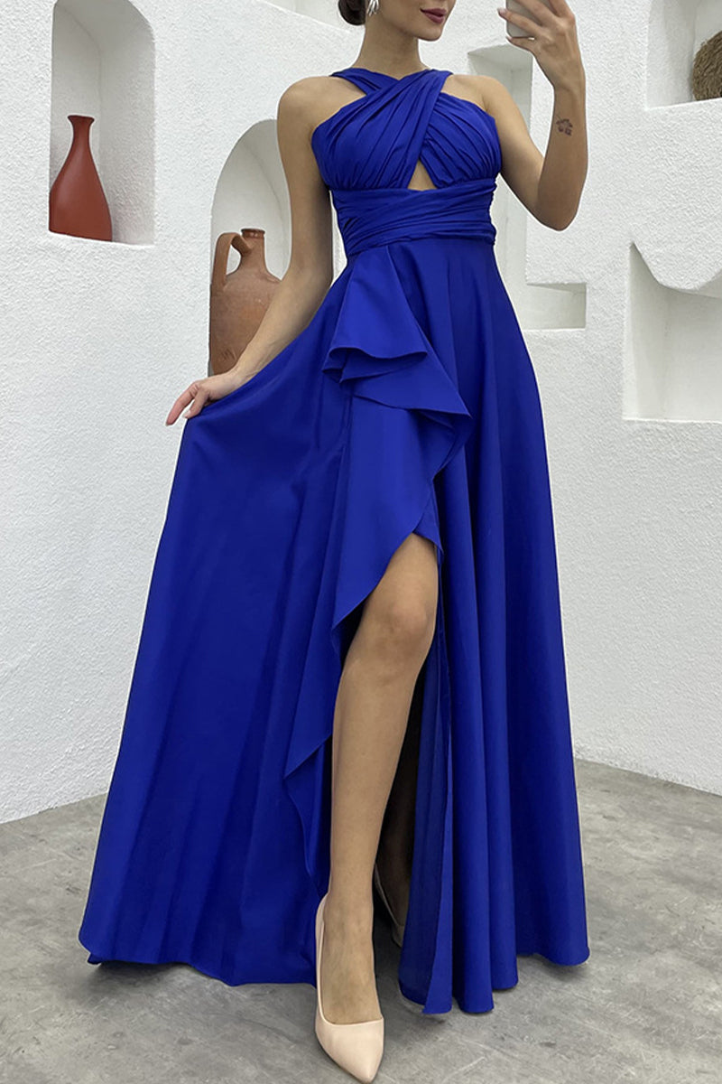 Elegant Formal Solid Slit Asymmetrical Halter Evening Dress Dresses Blue