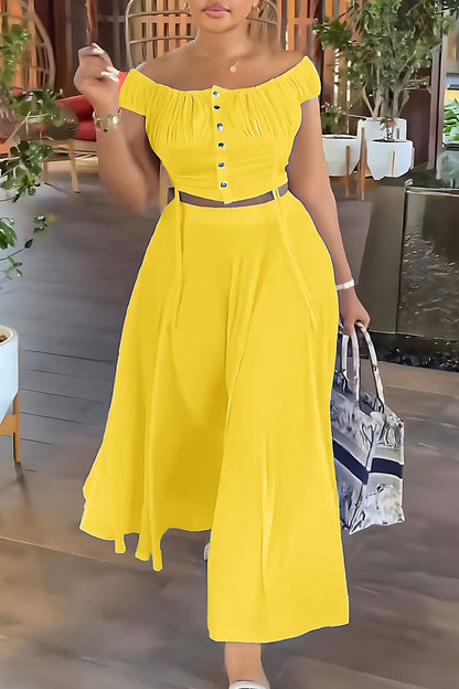 Elegant Solid Patchwork Draw String Buckle Off the Shoulder Short Sleeve Two Pieces Yellow