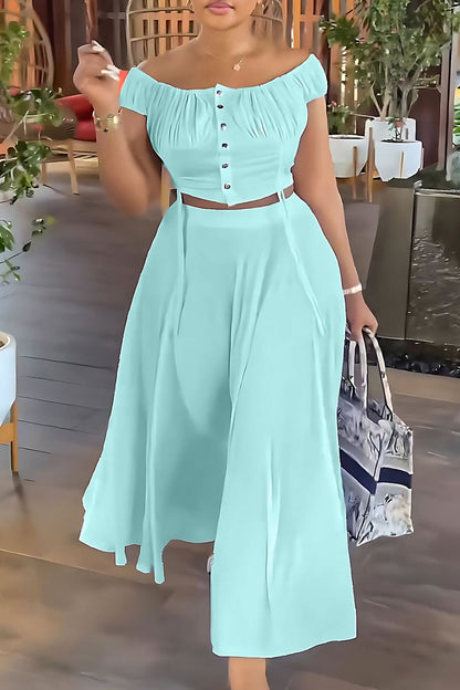 Elegant Solid Patchwork Draw String Buckle Off the Shoulder Short Sleeve Two Pieces Blue