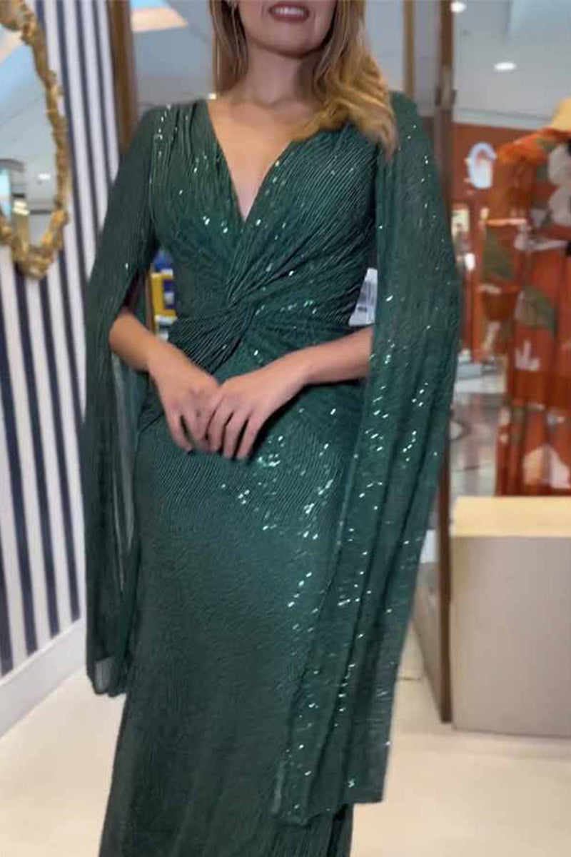 Sexy Formal Solid Sequins Fold V Neck A Line Dresses(7 Colors) Green