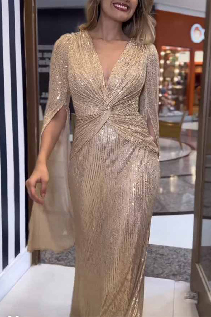 Sexy Formal Solid Sequins Fold V Neck A Line Dresses(7 Colors) Champagne