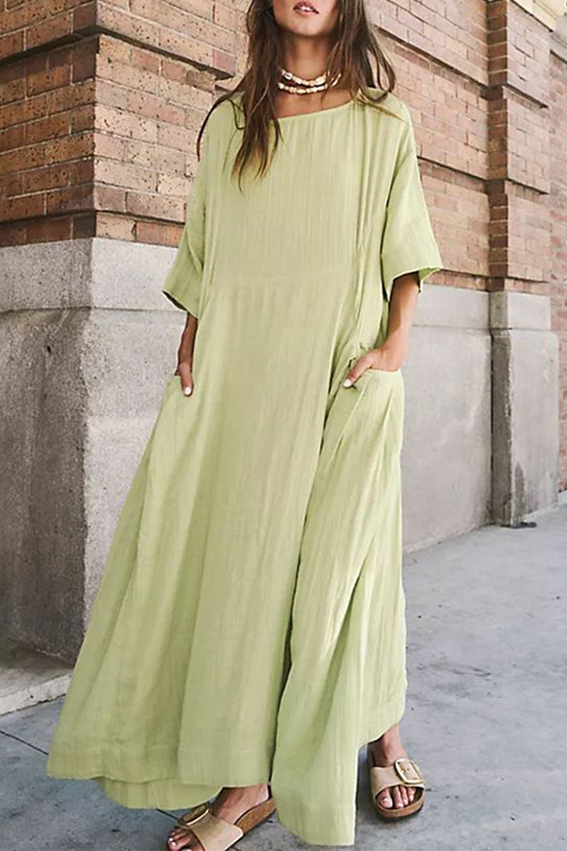 Casual Simplicity Solid Pocket O Neck A Line Dresses Green Yellow