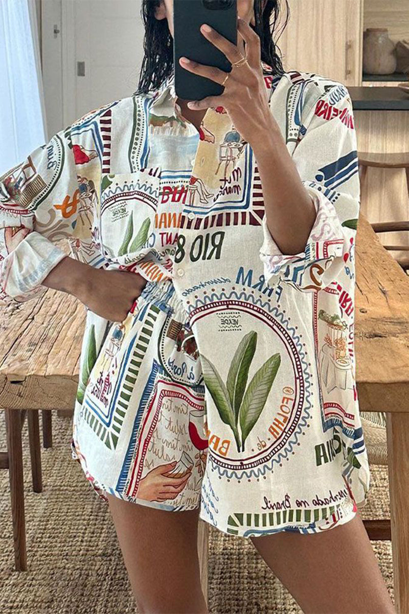 Casual Print Patchwork Turndown Collar Long Sleeve Two Pieces Multicolor