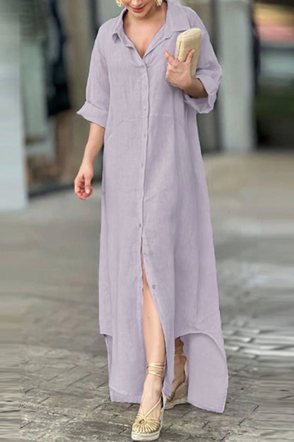 Casual Solid Buttons Turndown Collar Shirt Dress Dresses