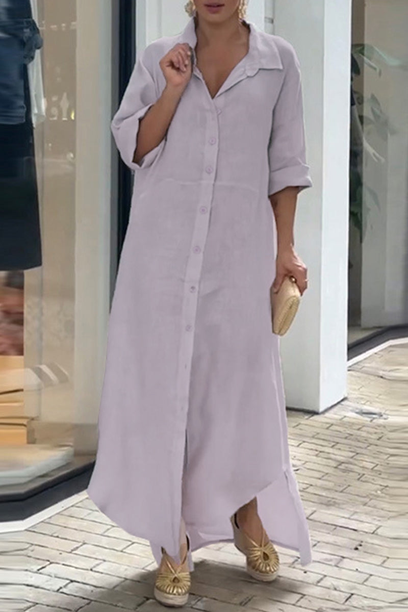 Casual Solid Buttons Turndown Collar Shirt Dress Dresses Gray Purple