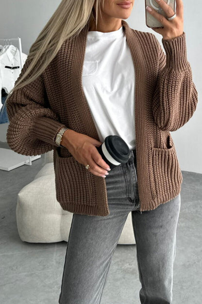 Elegant Solid Pocket V Neck Outerwear Coffee