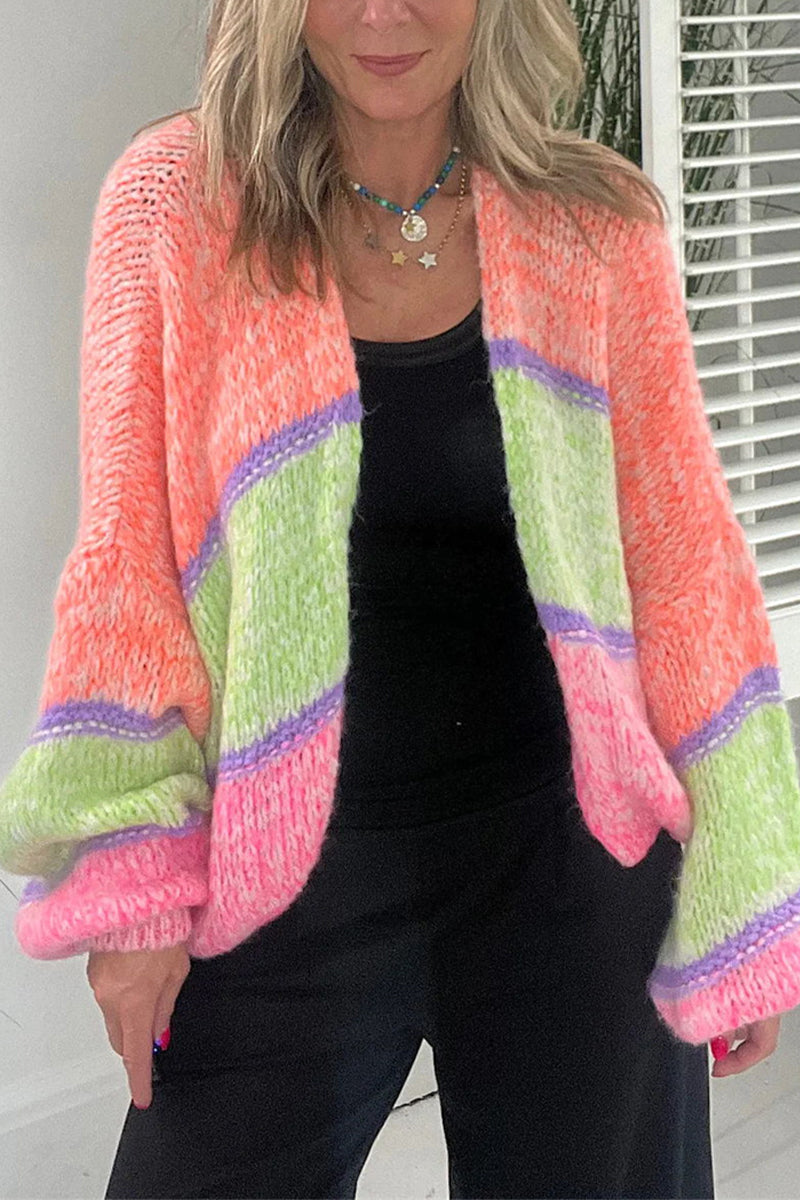 Elegant Plaid Contrast Cardigan Collar Outerwear Pink Orange