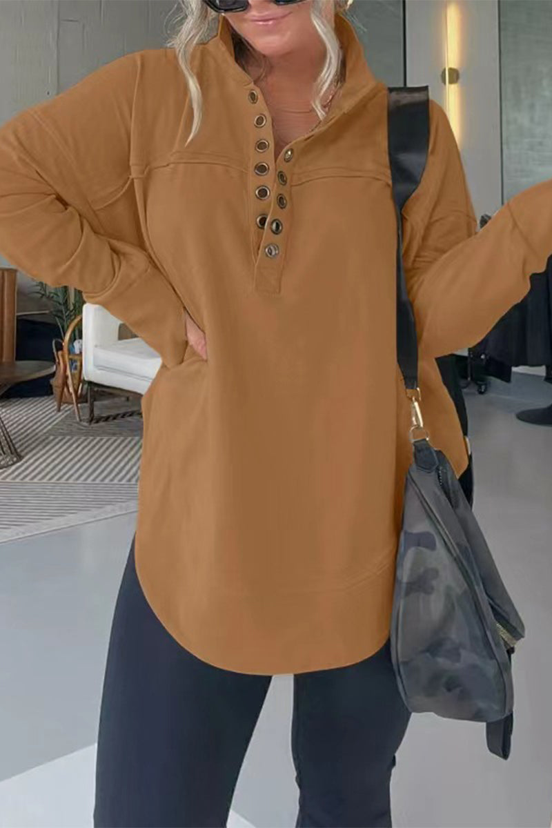 Casual Simplicity Solid Buckle Mandarin Collar Tops Yellow Brown