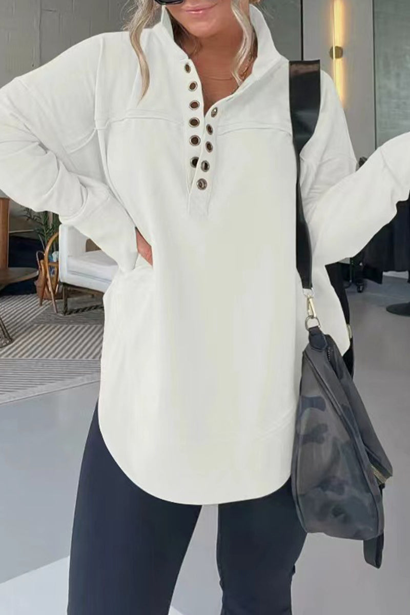 Casual Simplicity Solid Buckle Mandarin Collar Tops Gray White