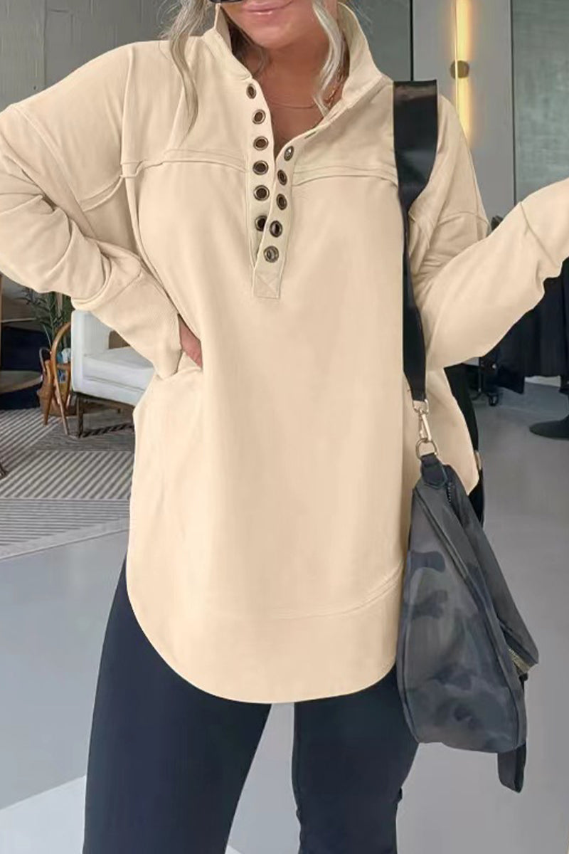 Casual Simplicity Solid Buckle Mandarin Collar Tops Apricot