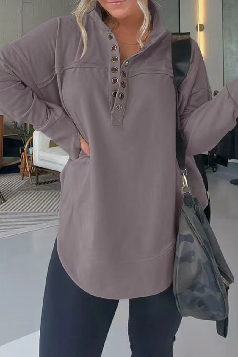 Casual Simplicity Solid Buckle Mandarin Collar Tops Gray Purple