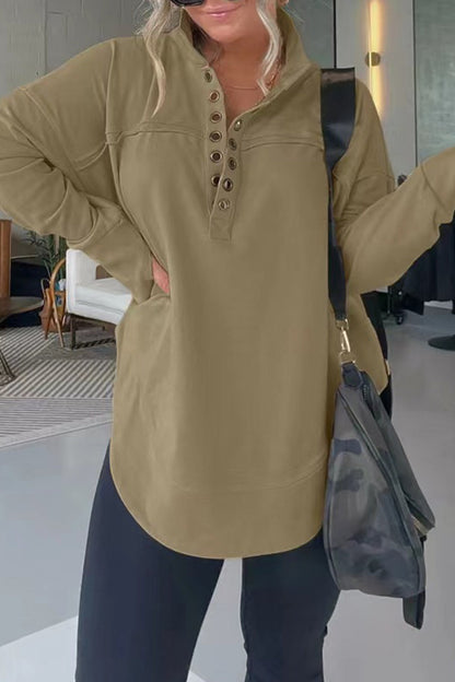 Casual Simplicity Solid Buckle Mandarin Collar Tops Olive Green