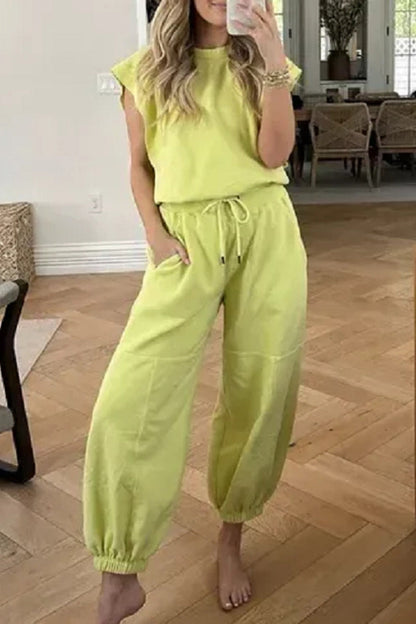 Casual Simplicity Solid Pocket Frenulum Backless O Neck Loose Jumpsuits Mint green