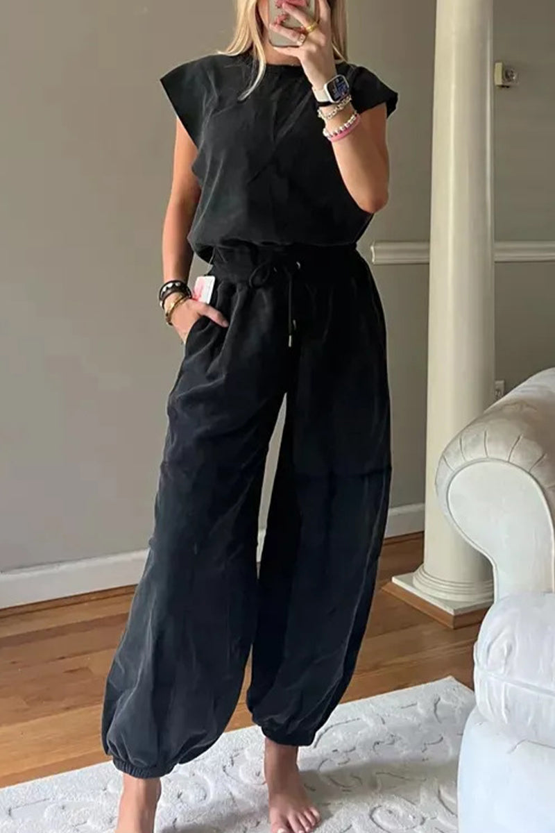 Casual Simplicity Solid Pocket Frenulum Backless O Neck Loose Jumpsuits Black