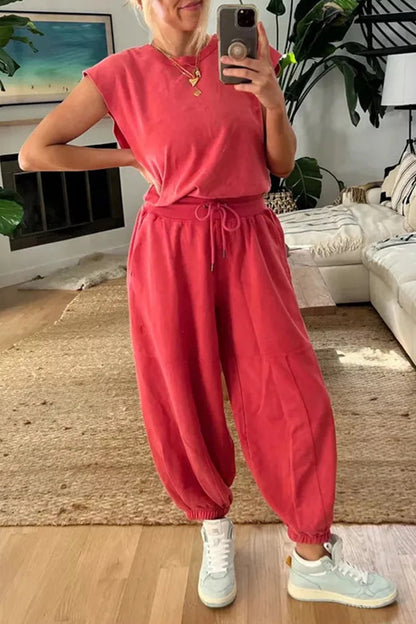 Casual Simplicity Solid Pocket Frenulum Backless O Neck Loose Jumpsuits Red