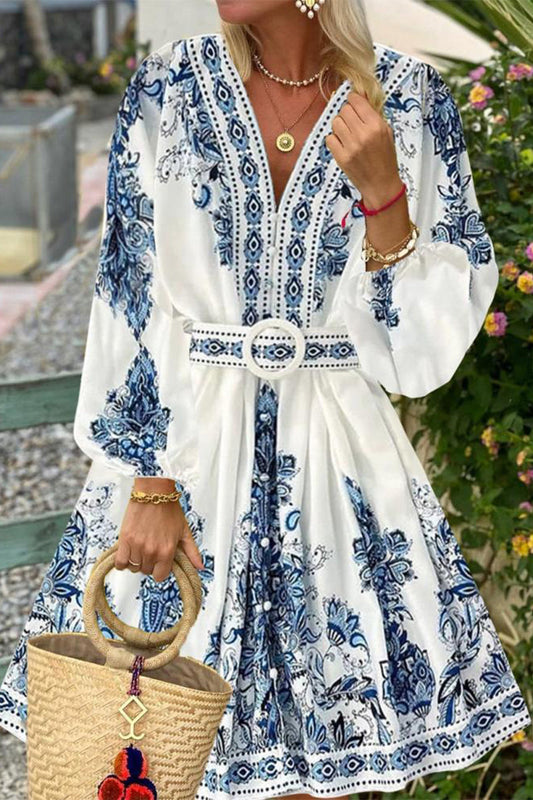 Bohemian Elegant Print With Belt V Neck A Line Dresses Blue