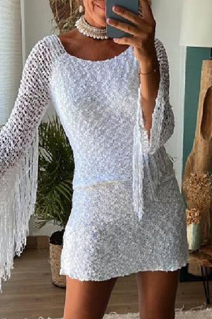 Sexy Solid Tassel Hollowed Out O Neck Wrapped Skirt Dresses White