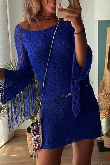 Sexy Solid Tassel Hollowed Out O Neck Wrapped Skirt Dresses Blue