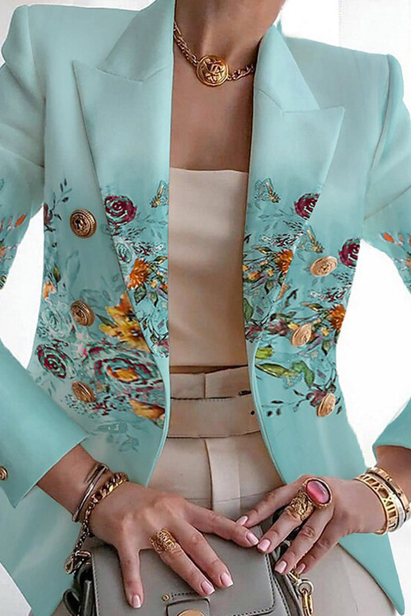 Casual Print Patchwork Cardigan Turn-back Collar Outerwear Cyan