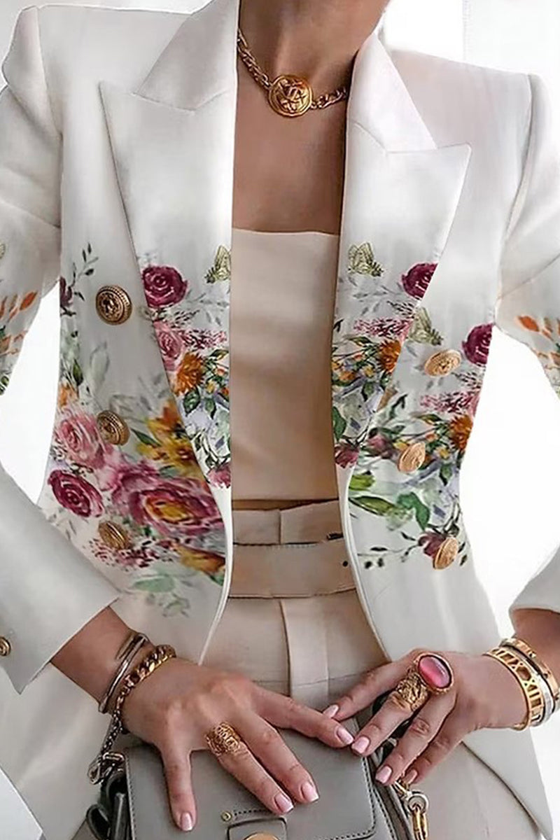 Casual Print Patchwork Cardigan Turn-back Collar Outerwear White