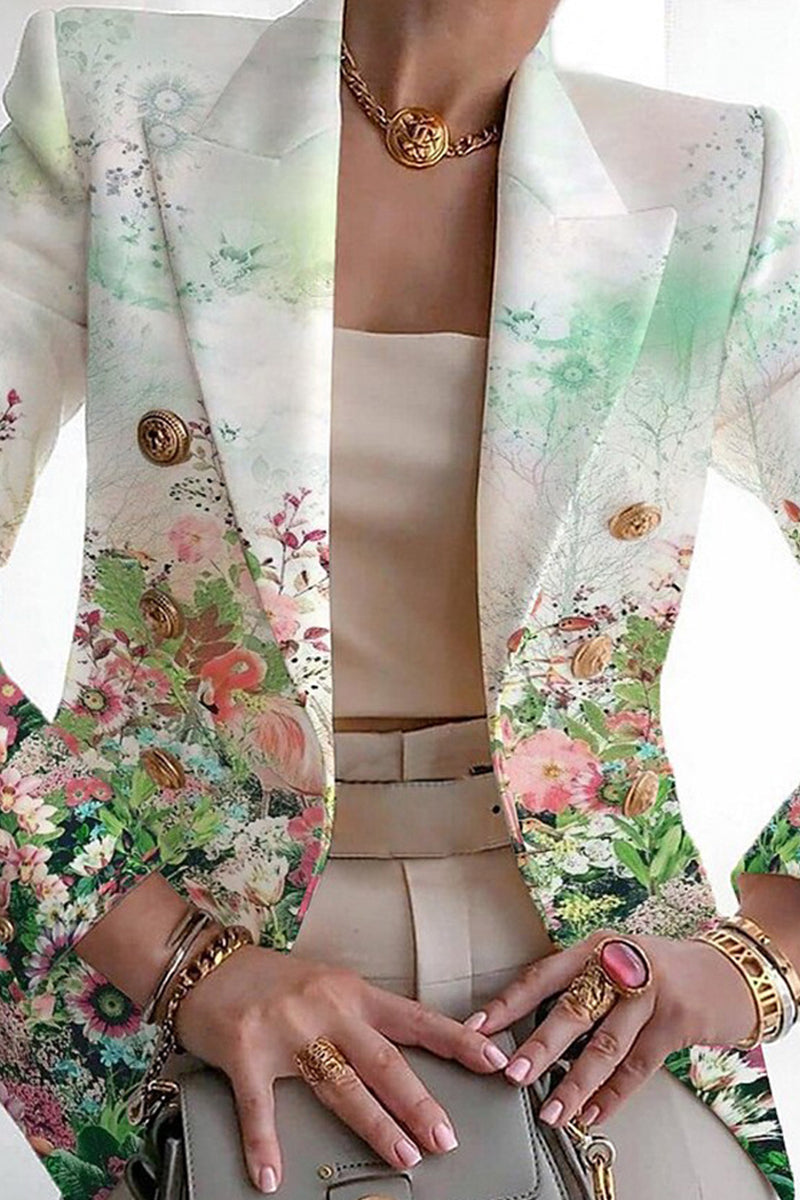 Casual Print Patchwork Cardigan Turn-back Collar Outerwear White Green