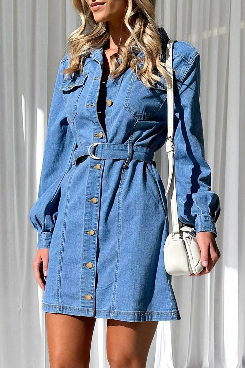 Casual Solid Pocket Buckle With Belt Turndown Collar Long Sleeve Straight Denim Dresses Light Blue