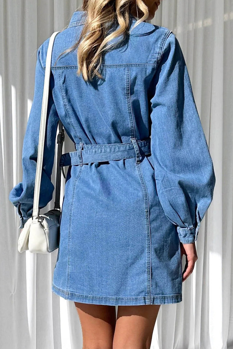 Casual Solid Pocket Buckle With Belt Turndown Collar Long Sleeve Straight Denim Dresses