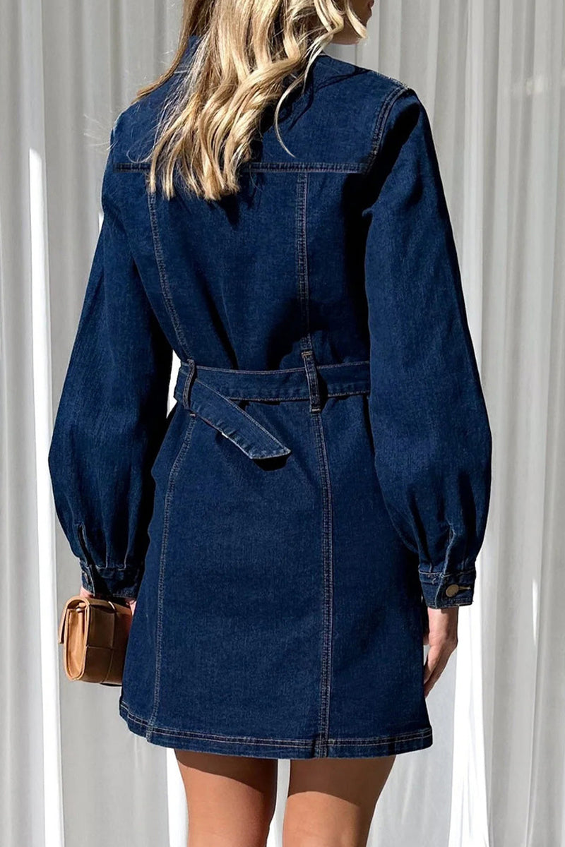 Casual Solid Pocket Buckle With Belt Turndown Collar Long Sleeve Straight Denim Dresses