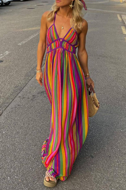 Sexy Vacation Striped Contrast V Neck Dresses Rainbow Color