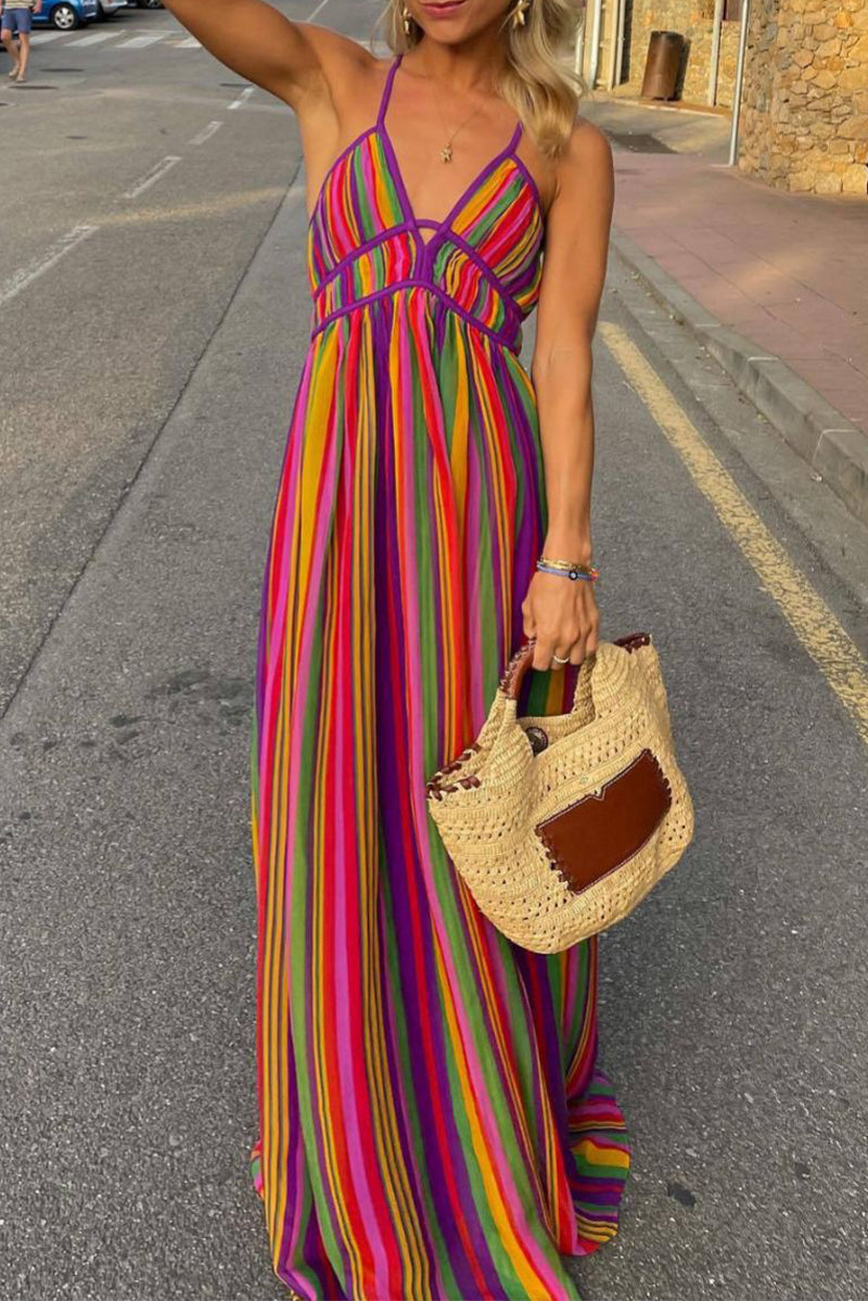 Sexy Vacation Striped Contrast V Neck Dresses