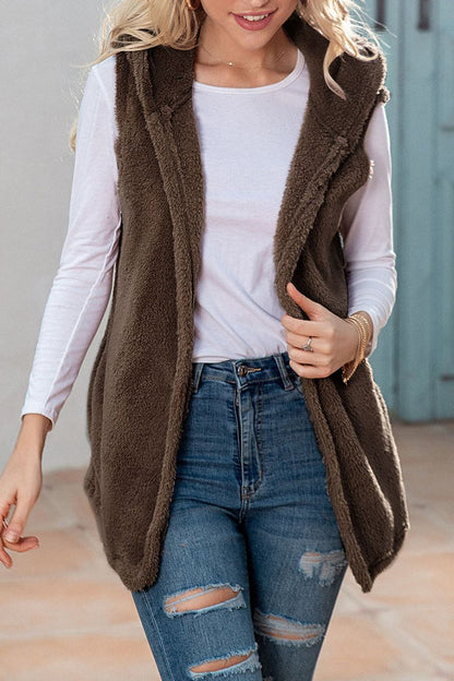 Casual Simplicity Solid Patchwork Pocket Hooded Collar Tops Coffee