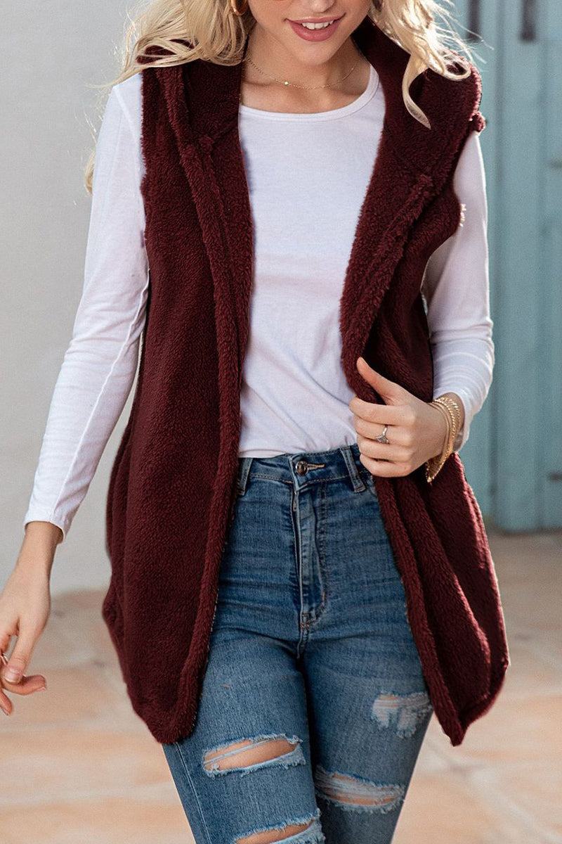 Casual Simplicity Solid Patchwork Pocket Hooded Collar Tops Burgundy