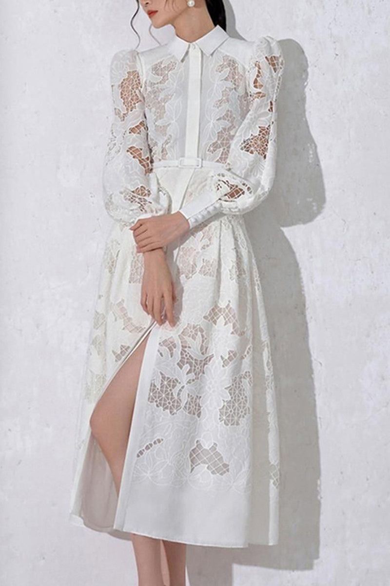 Elegant Solid Embroidered Hollowed Out Turndown Collar A Line Dresses White