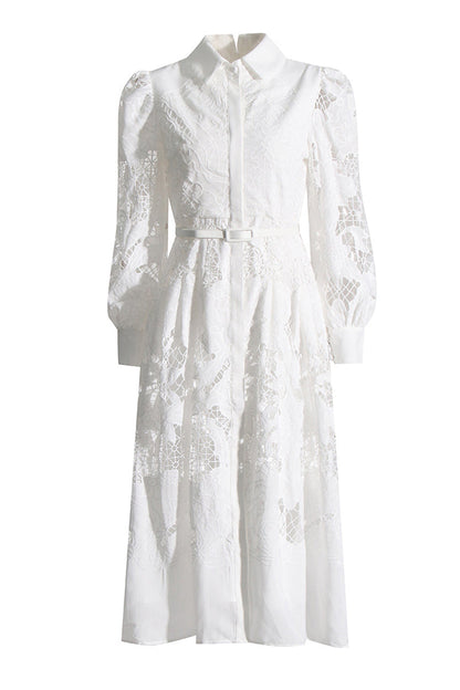 Elegant Solid Embroidered Hollowed Out Turndown Collar A Line Dresses