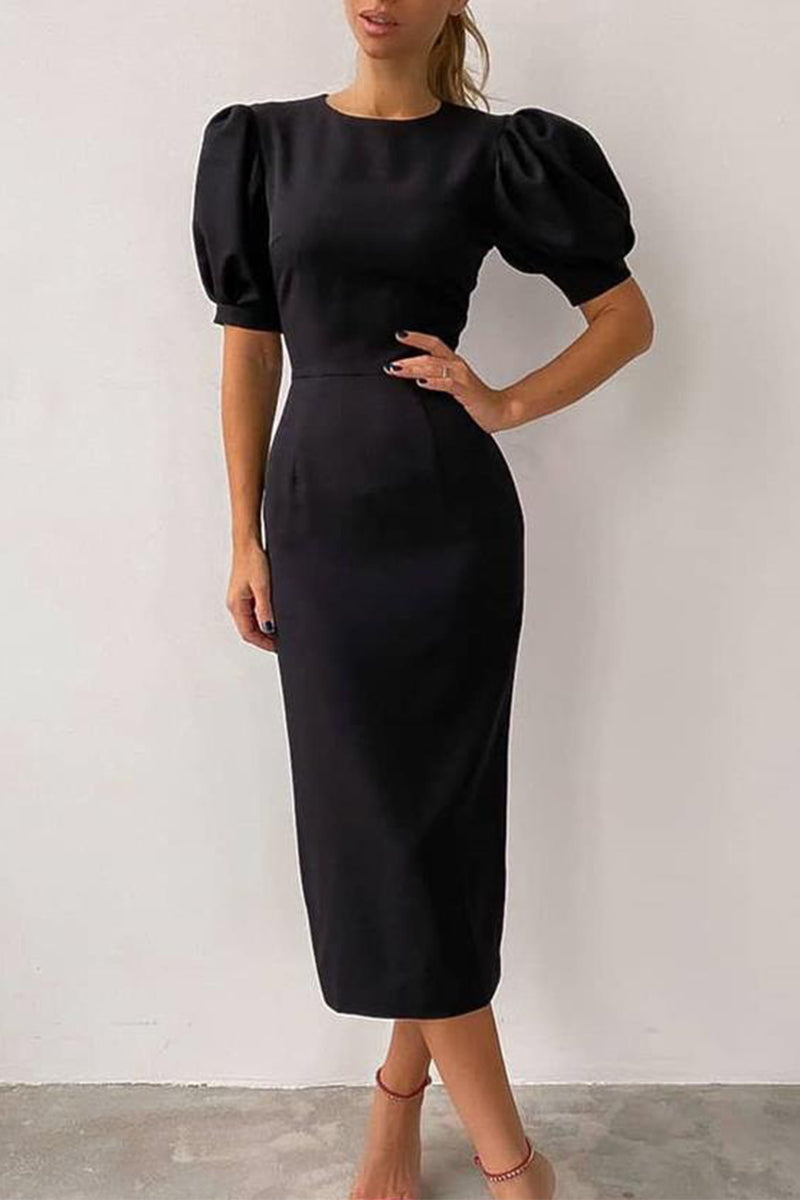 Elegant Solid Patchwork O Neck A Line Dresses Black