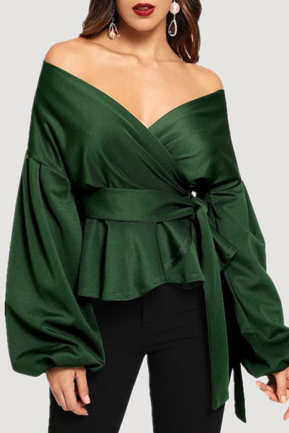 Elegant Solid Bandage With Bow V Neck Tops Green