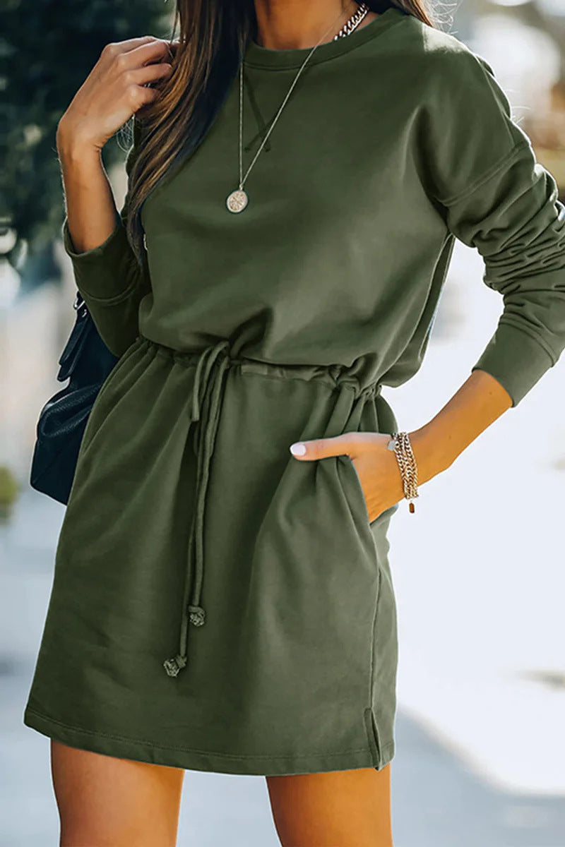 Casual Solid Draw String Pocket O Neck Long Sleeve Dresses Ink Green