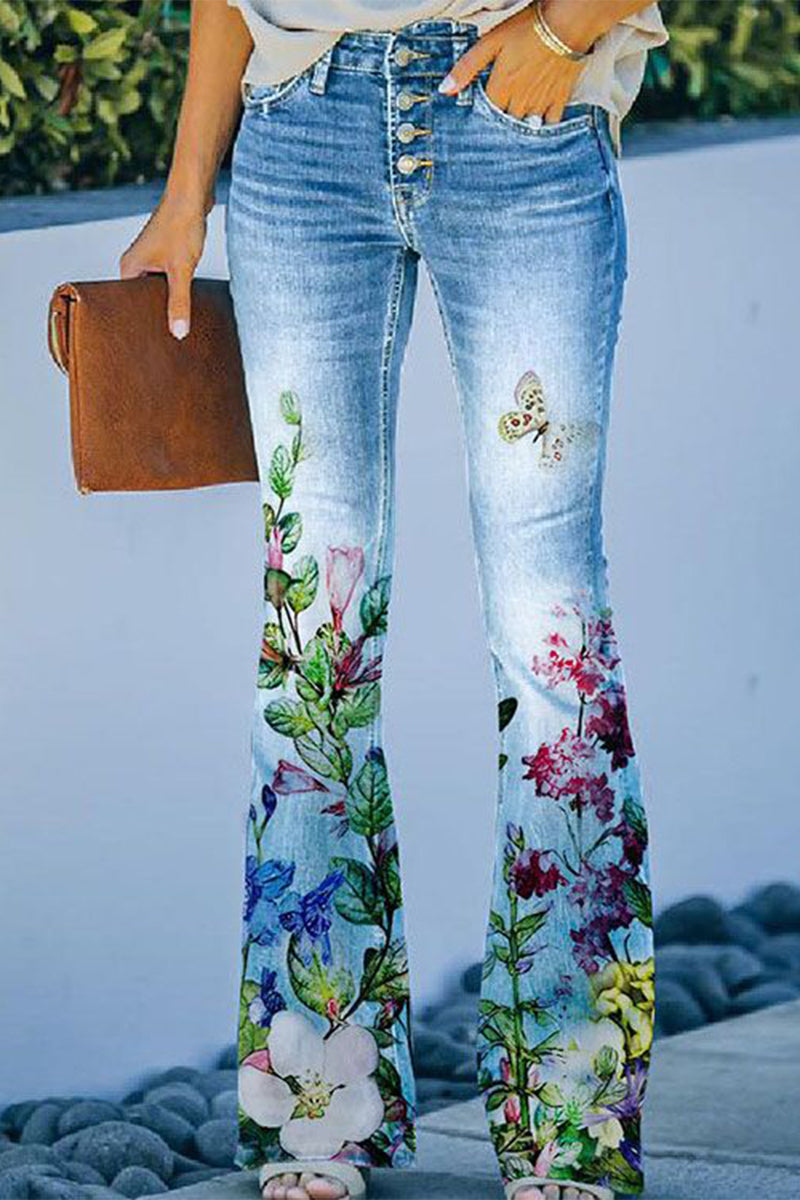 Casual Floral Pocket Regular Denim Jeans Light Blue