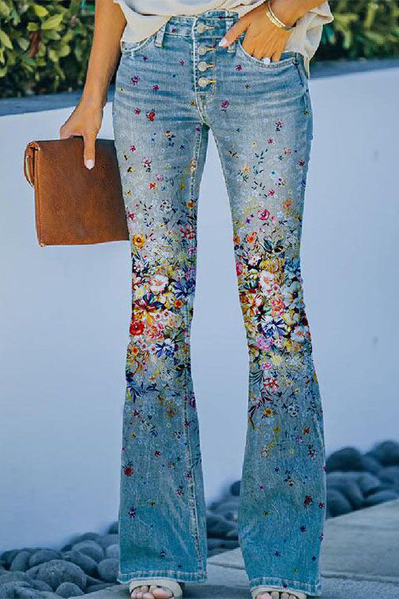 Casual Floral Pocket Regular Denim Jeans Sky Blue