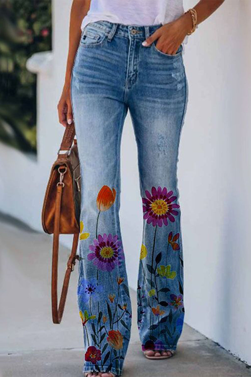 Casual Floral Pocket Regular Denim Jeans Colorful Blue