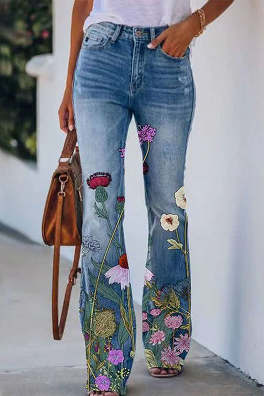 Casual Floral Pocket Regular Denim Jeans Red Blue