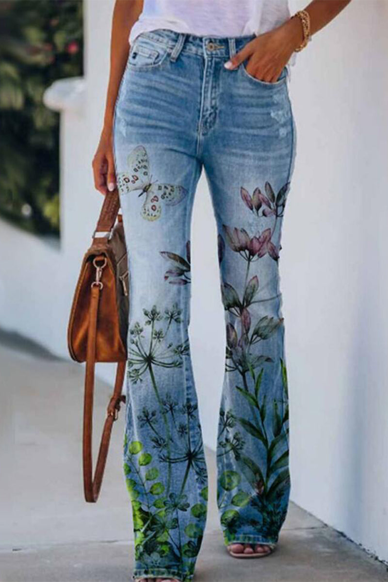 Casual Floral Pocket Regular Denim Jeans Tibetan Blue