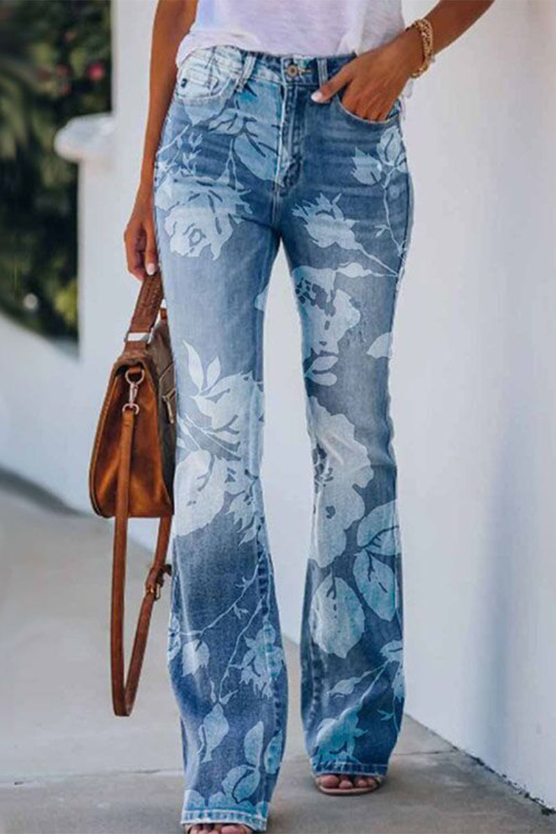 Casual Floral Pocket Regular Denim Jeans Deep Blue