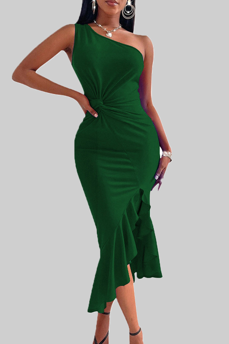 Sexy Solid Patchwork Flounce One Shoulder Irregular Dress Dresses Green